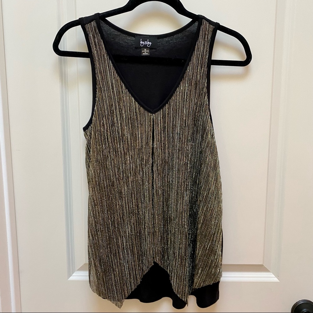By & By Black Knit Tank Top w/ Pleated Metallic Overlay